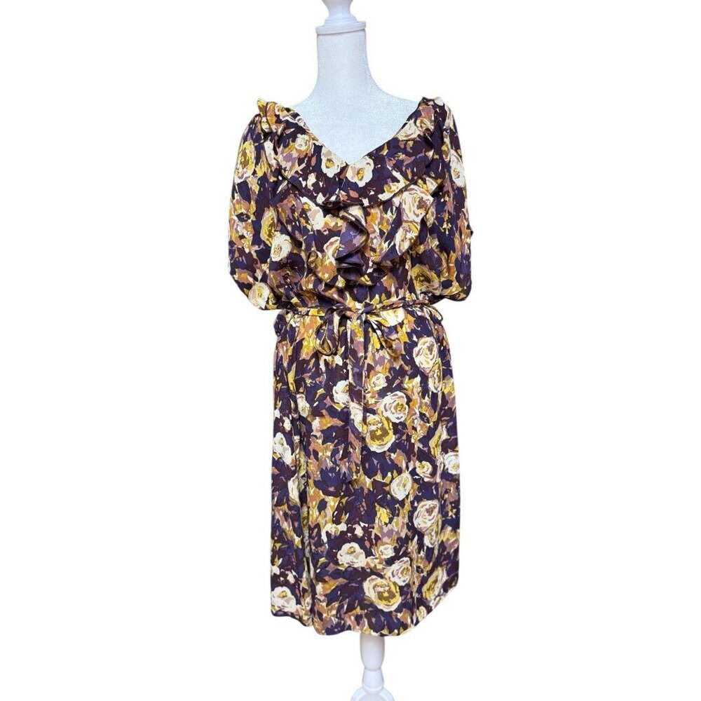 Lands’ End Floral Ruffle Neck Tie Waist Dress Womens 18 Purple Yellow Short Slv